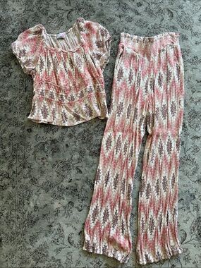 Boho Pink Cream Brown Patterned Wide Leg Pants and top SET